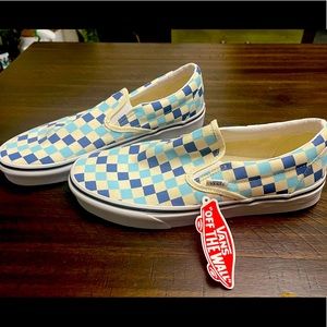 NWT Vans Classic Slip-On Checkerboard Blue Topaz Skate Shoes Size 9.5 Men/11 Wom